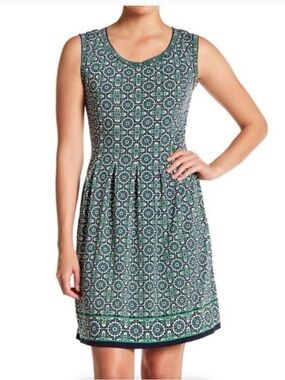 Max Studio Navy & Green Printed A-LineDress SZ M